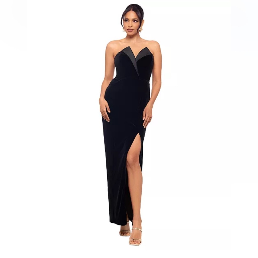 Betsy & Adam Women's Velvet Tuxedo Strapless Gown